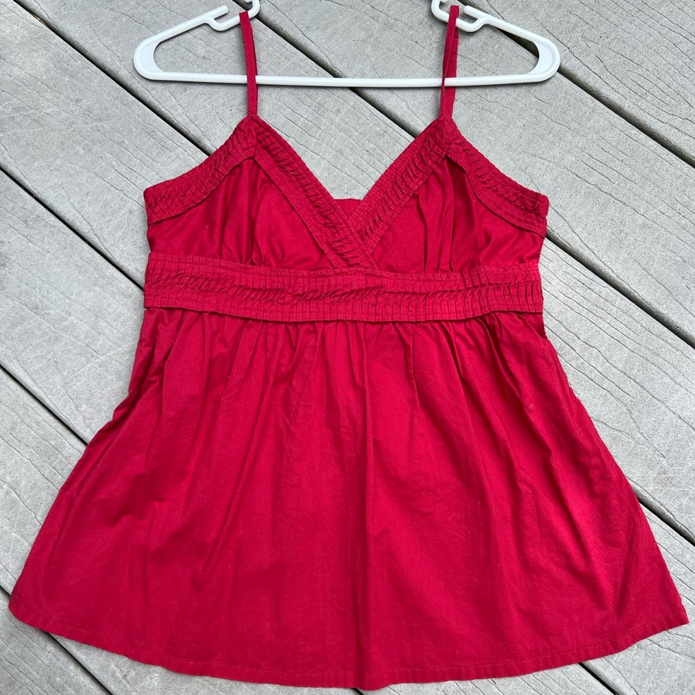 Deep red cotton tie back baby doll tank top medium w/ button detail fit n flare